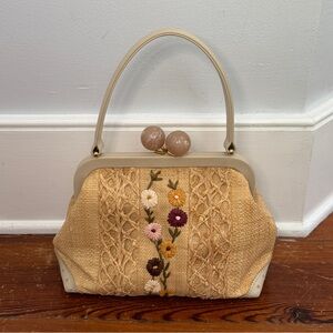 Capaf Raffia Rattan Kiss lock Top Handle Bag Flowers Beige Italy